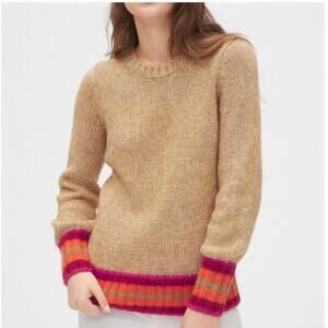 GAP Blouson Novel Sweater in Camel Heather Alpaca Wool Blend Sm Stripe Preppy